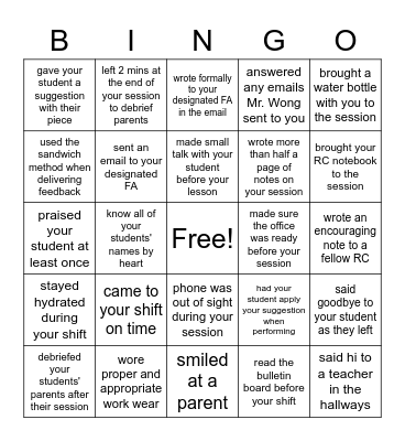 Rehearsal Coach Bingo - Winter 2022 Bingo Card