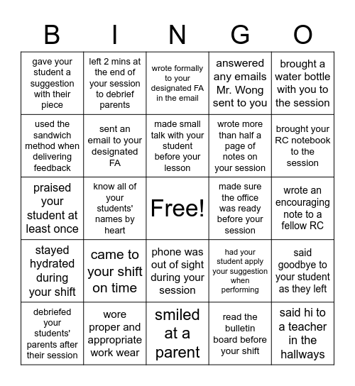 Rehearsal Coach Bingo - Winter 2022 Bingo Card