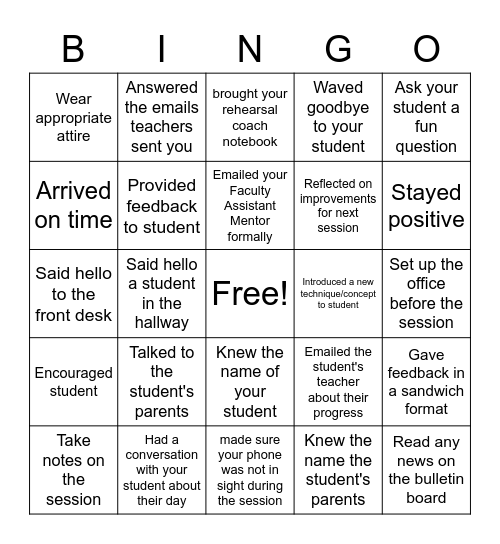 Rehearsal Coach Bingo Card