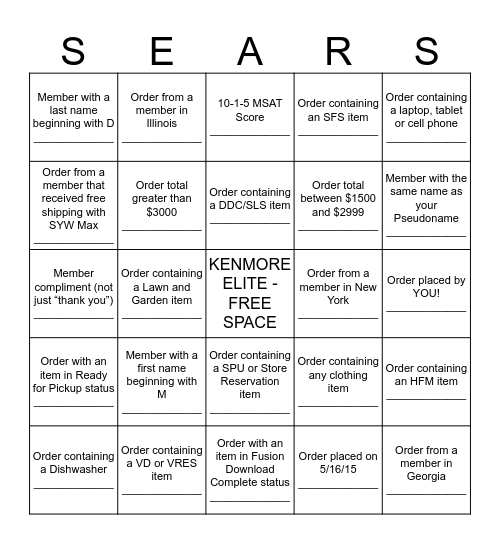Sears MSO Bingo Card