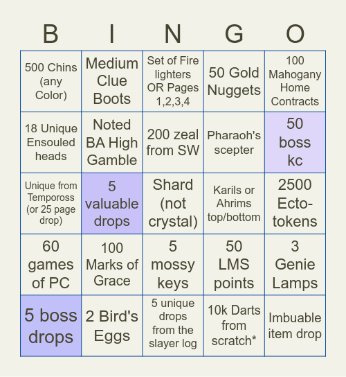 Wilda's Beasts' Bingo Card