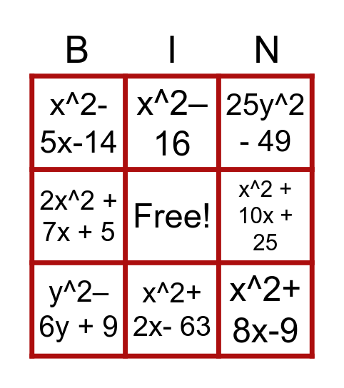 Multiply Polynomials Bingo Card