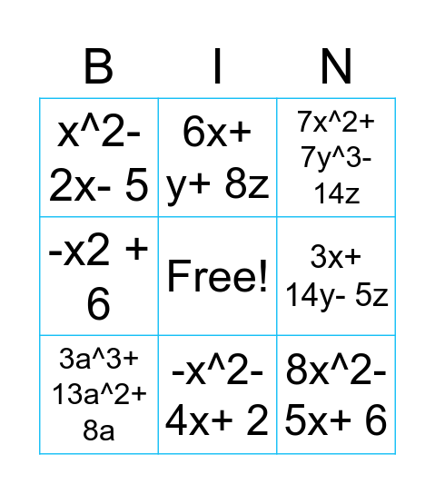 Subtracting Polynomials Bingo Card