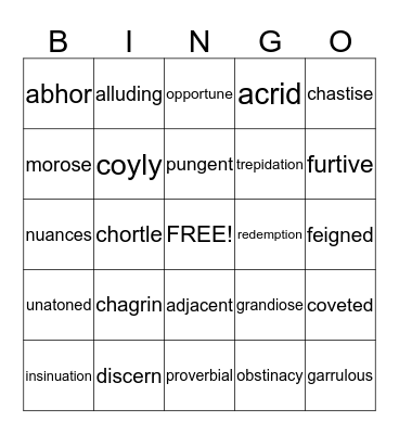 Vocabulary Bingo Card