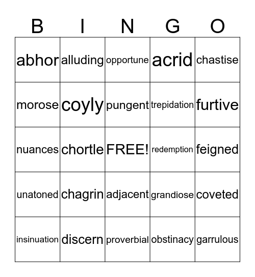 Vocabulary Bingo Card