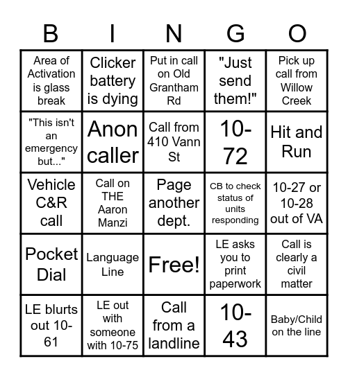 911 Dispatch Bingo Card