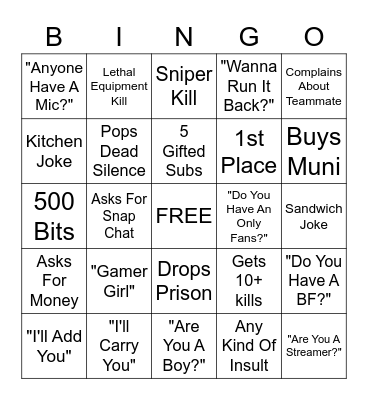 Gamer Girl Bingo Card