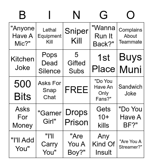 Gamer Girl Bingo Card