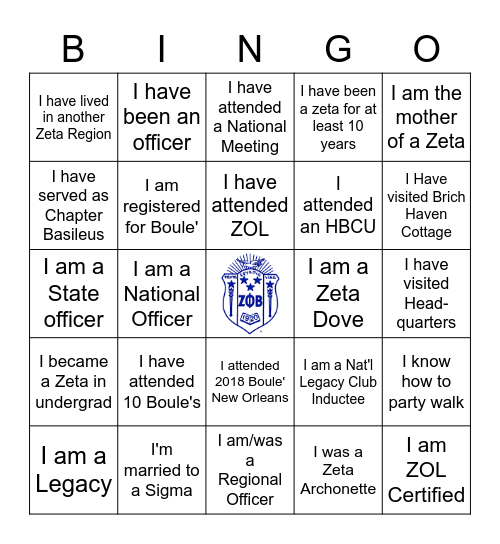 Zeta Phi Beta Sorority Bingo Card