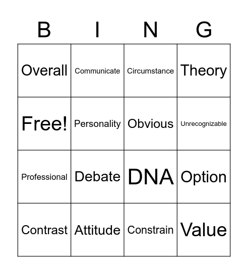 Vocbulary Bingo Card