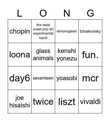 ryu music Bingo Card