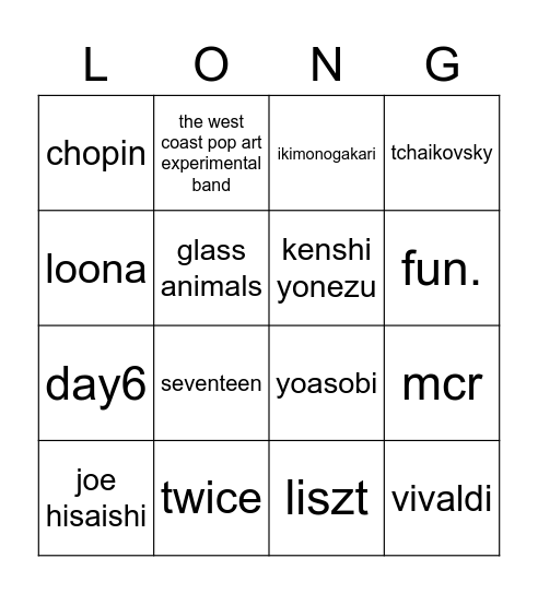 ryu music Bingo Card