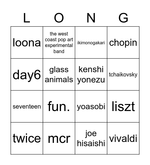 ryu music Bingo Card