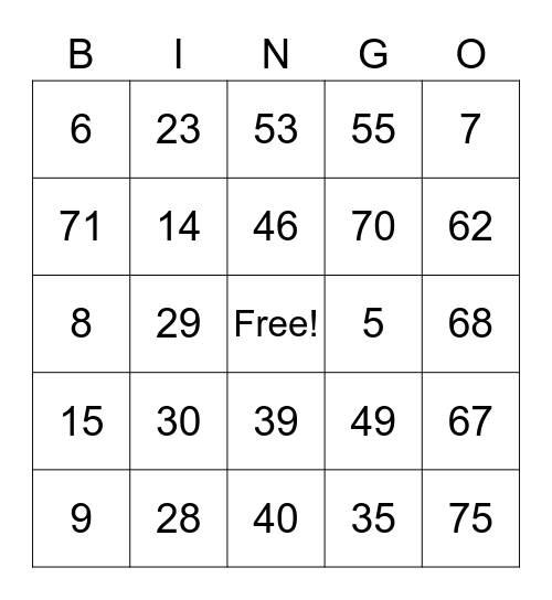 Number Bingo 1-75 Bingo Card