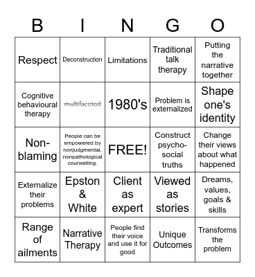 Narrative Therapy Bingo Card