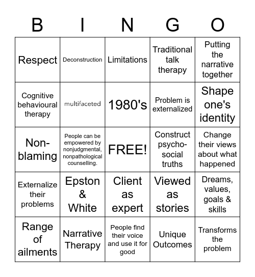 Narrative Therapy Bingo Card