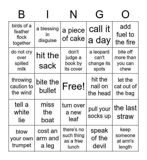 Primary 4 Idioms Bingo Card