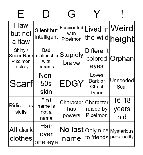 Toro's Edgy Character Bingo Card