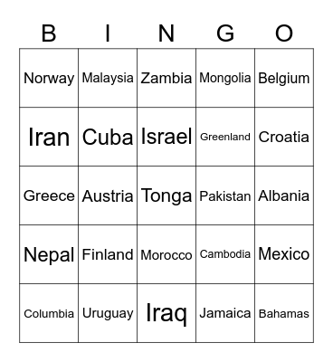 New Countries Bingo Card