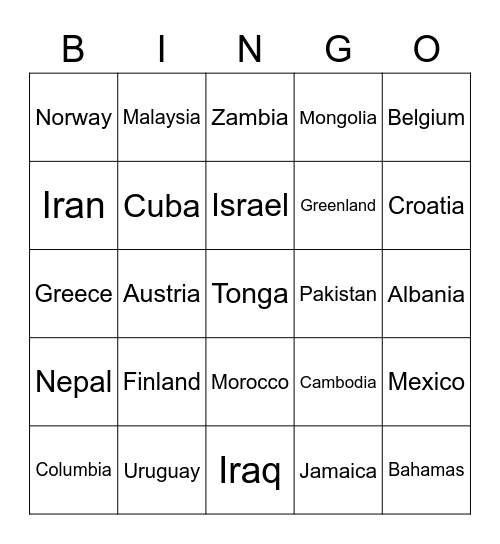 New Countries Bingo Card