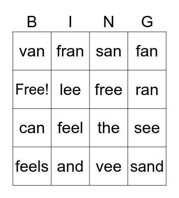 phonics bingo Card