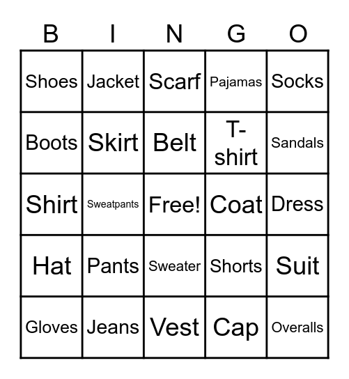 Clothes Bingo Card