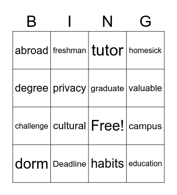 Gr 8 Unit 1 Vocab Bingo Card