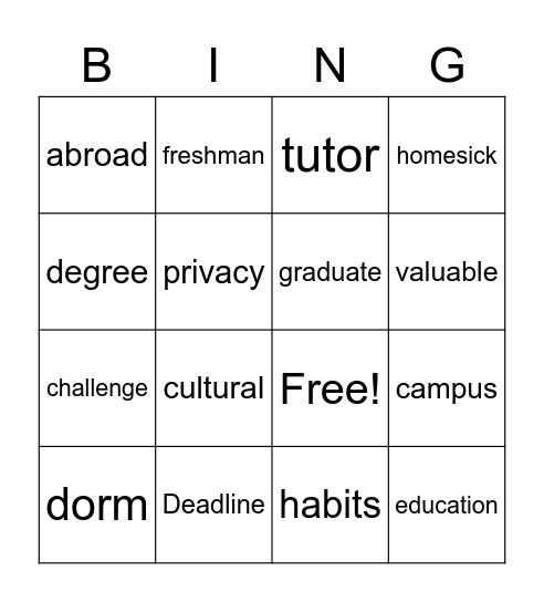 Gr 8 Unit 1 Vocab Bingo Card