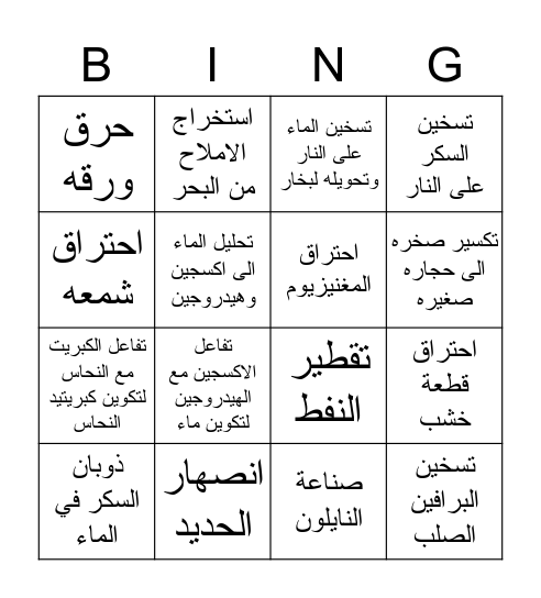 تغيير فيزيائي/ تغيير كيميائي Bingo Card