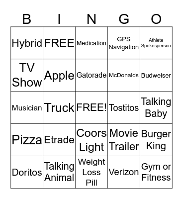 BCS National Championship Commercial Bingo Card