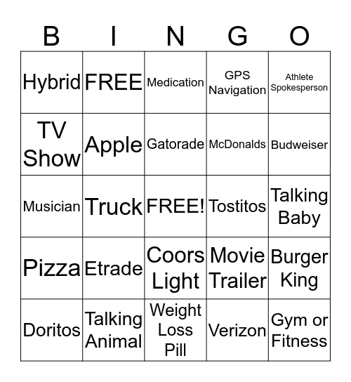 BCS National Championship Commercial Bingo Card