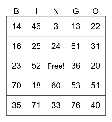 Number Bingo Card