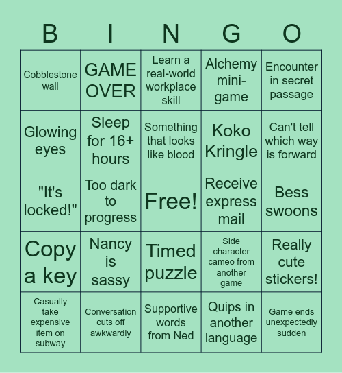 Nancy Drew Game Bingo Card