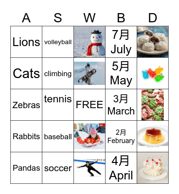 Animal,  Sport,  Winter,  Birthday,  Dessert Bingo Card
