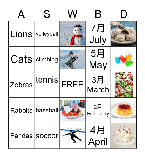 Animal,  Sport,  Winter,  Birthday,  Dessert Bingo Card