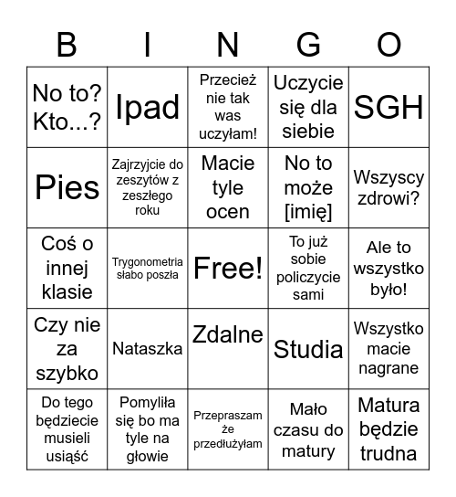 Matma bingo Card