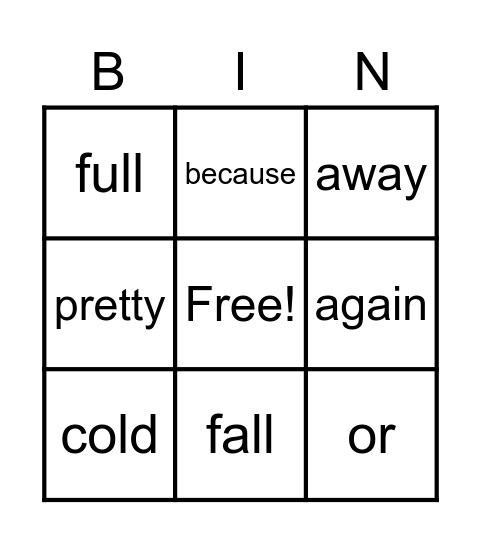 High Frequency Bingo Card