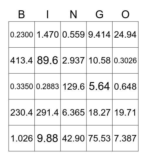 DocMook Decimal Multiplication Bingo Card