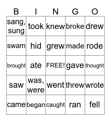 Irregular Verbs Bingo Card