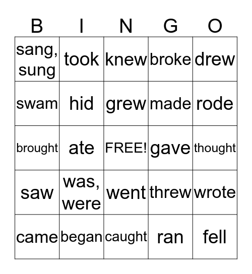 Irregular Verbs Bingo Card