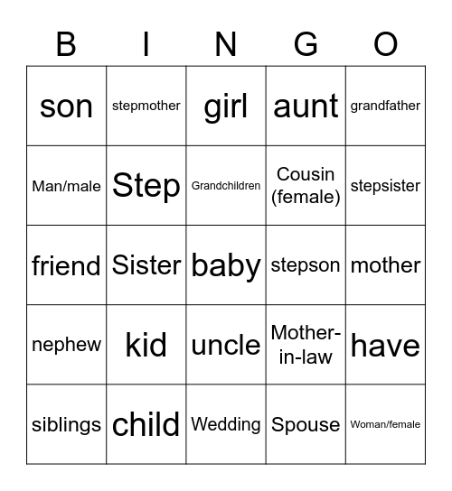 Family & Extended Family Bingo Card