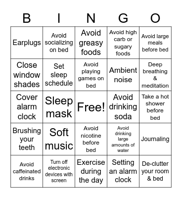 Sleep Hygiene Bingo Card