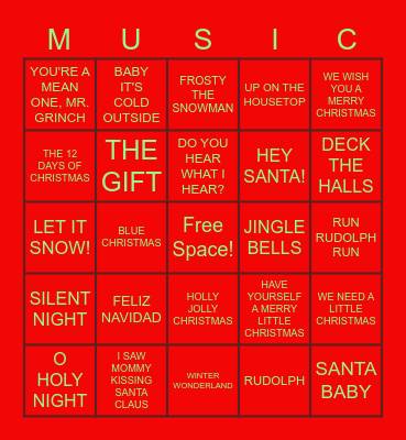 Holiday Song Bingo Card