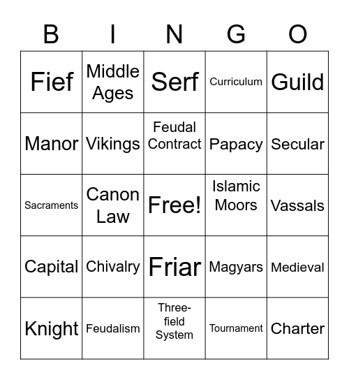 Unit 8: Middle Ages Vocab. Bingo Card