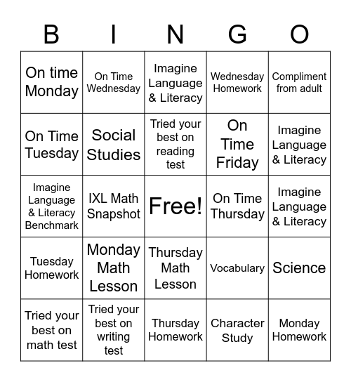 Assignments 12/6-12/10 Bingo Card