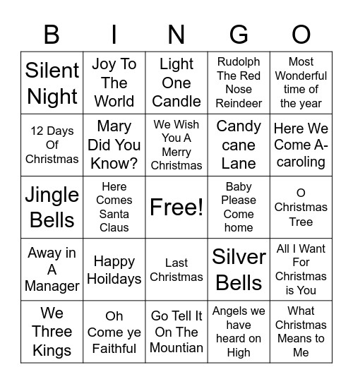 Holiday Song Bingo Card