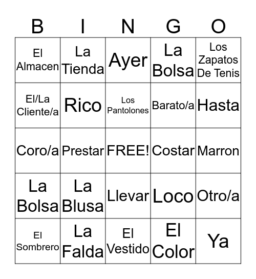 Spanish Bingo 2 Bingo Card