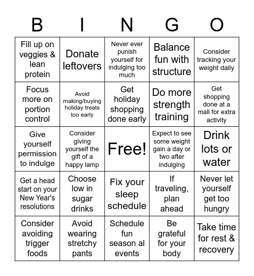 Minimize Holiday Weight Gain Bingo Card