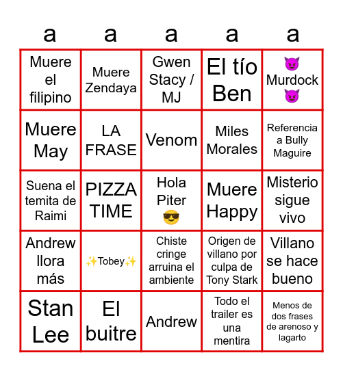 Spider-Man NWH Bingo Card