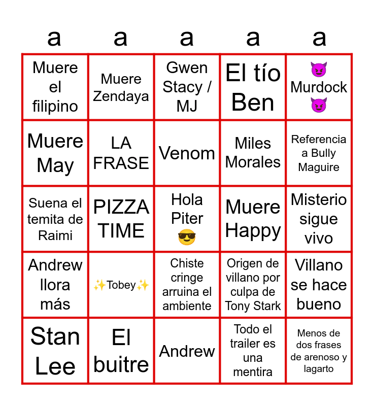 Spider-Man NWH Bingo Card